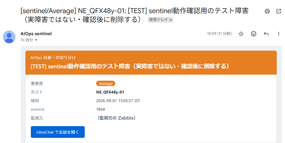 一次切り分けレポートの通知メール(動作確認用のテスト障害のとき)
